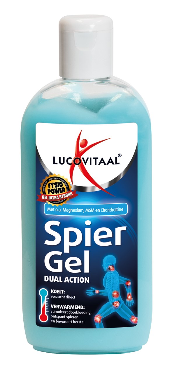Lucovitaal spiergel 250ml for muscle and joint care, showing the gel tube with brand label and product information.