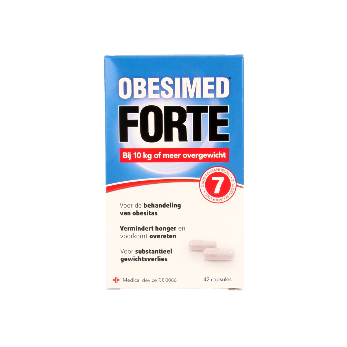 Lucovitaal Obesimed Forte herbal supplement capsules for weight management, shown in a bottle with capsules inside.