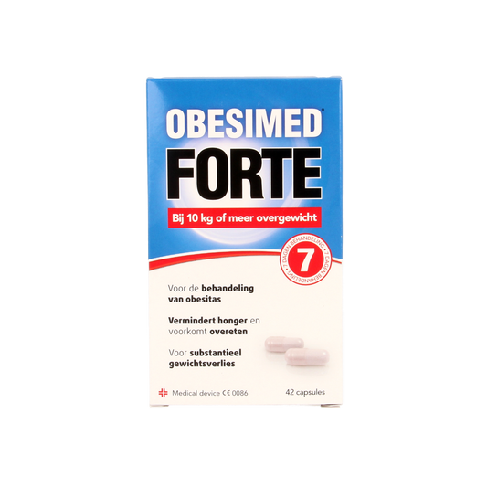 Lucovitaal Obesimed Forte herbal supplement capsules for weight management, shown in a bottle with capsules inside.