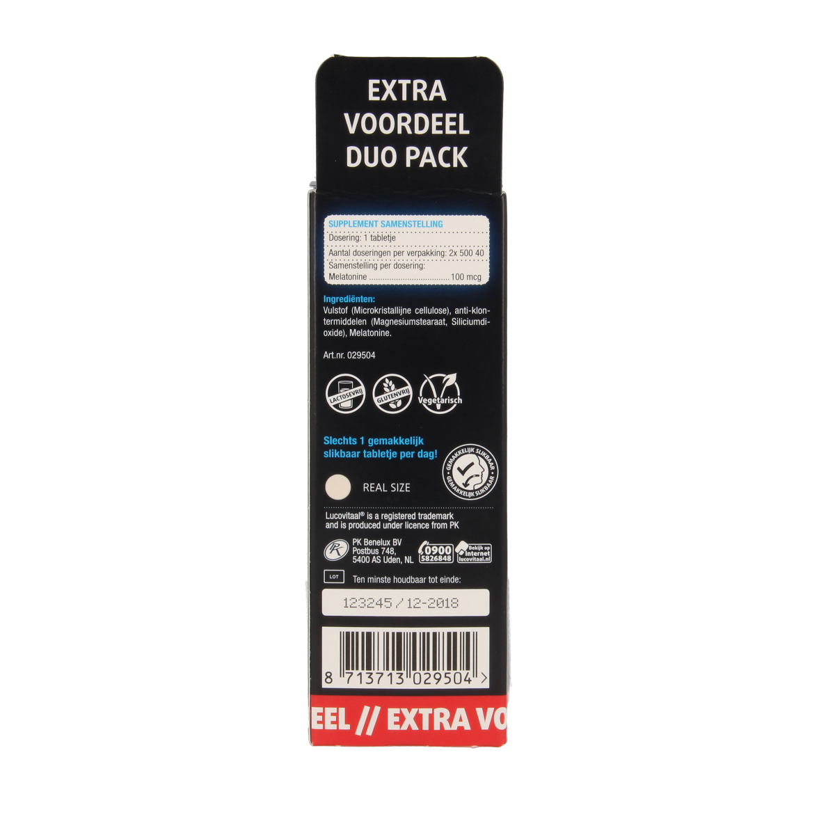 Lucovitaal Melatonine duo 0.1mg herbal supplement, two bottles with 500 tablets each, for sleep support, shown in the image.