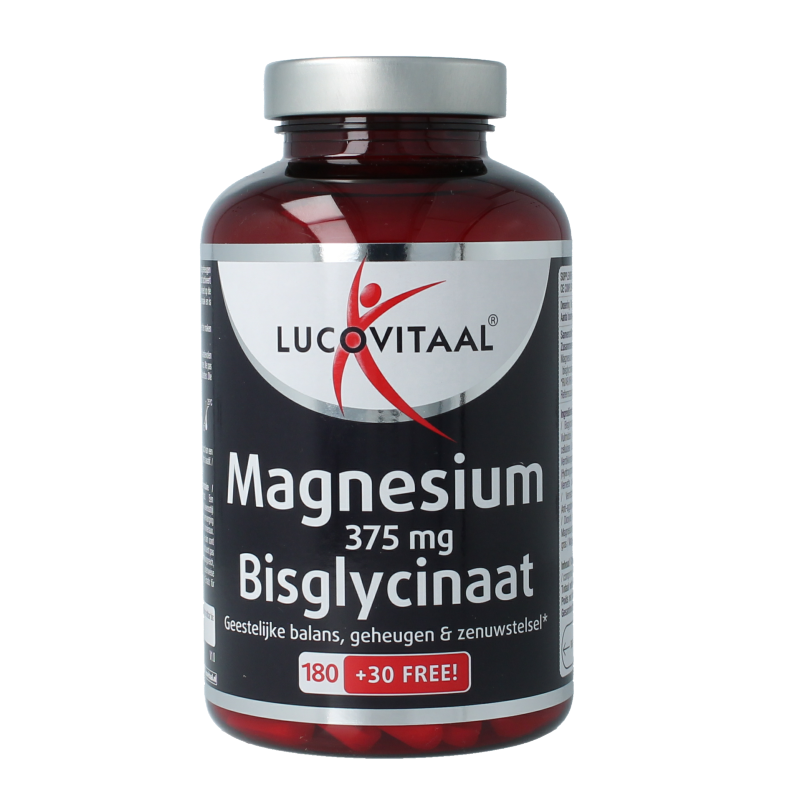 Lucovitaal Magnesium bisglycinaat 375mg mineral supplement in a bottle of 210 tablets, showing the product packaging and tablets.