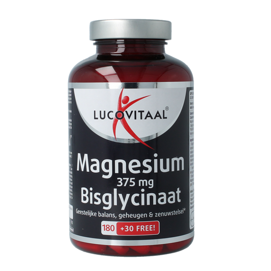 Lucovitaal Magnesium bisglycinaat 375mg mineral supplement in a bottle of 210 tablets, showing the product packaging and tablets.