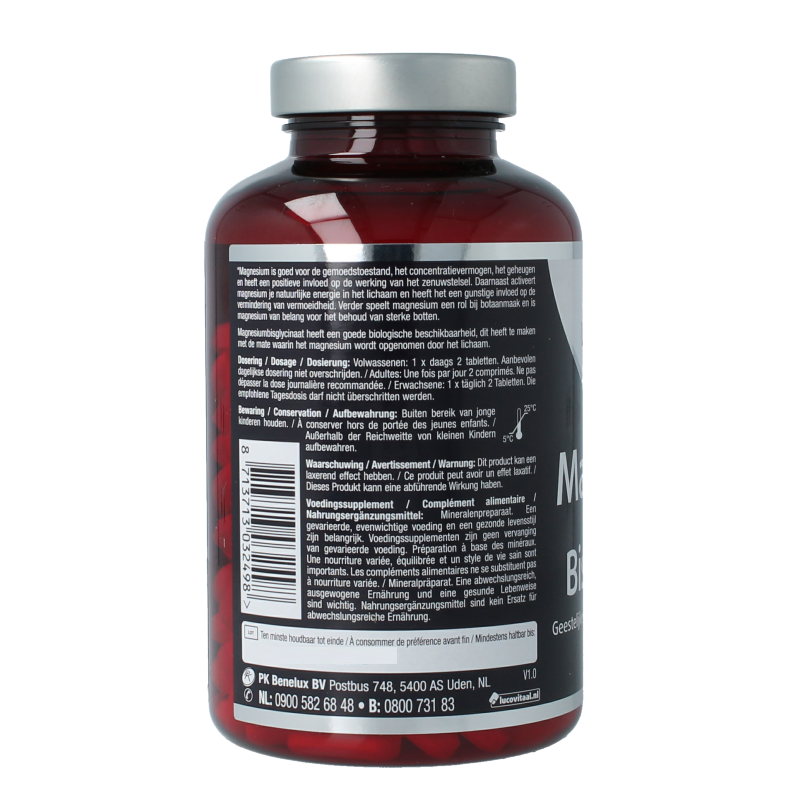 Lucovitaal Magnesium bisglycinaat 375mg dietary supplement bottles with 210 tablets, mineral supplement for muscle support.