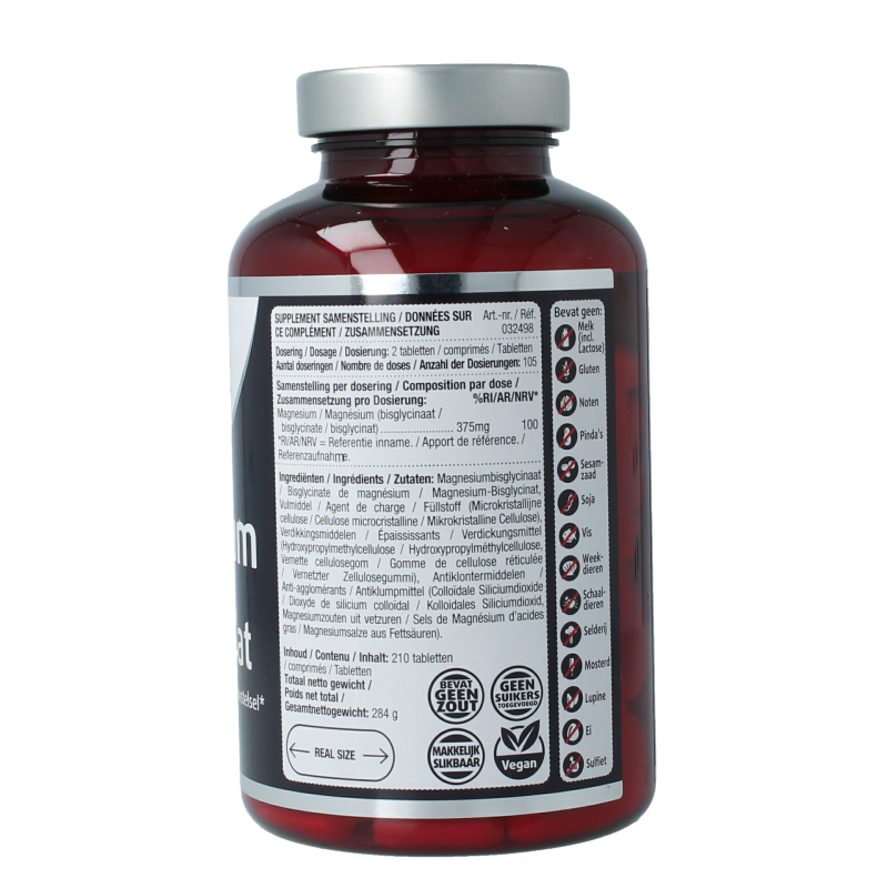 Box of Lucovitaal Magnesium Bisglycinaat 375mg mineral supplement tablets, showing 210 tablets in the package.