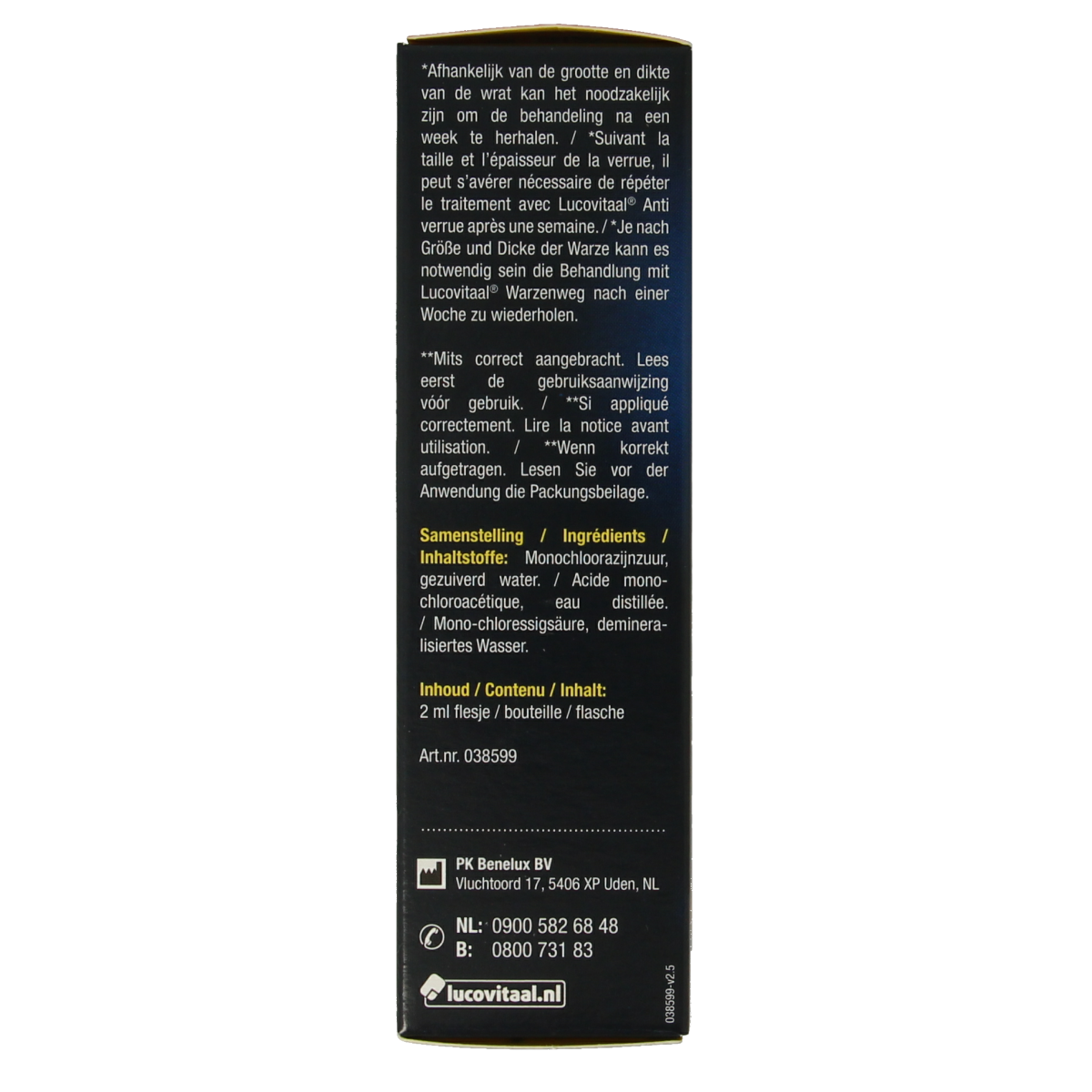 Lucovitaal Wrat weg 2.00ml liquid for skin care, used to remove warts, shown in a small glass bottle with a dropper.