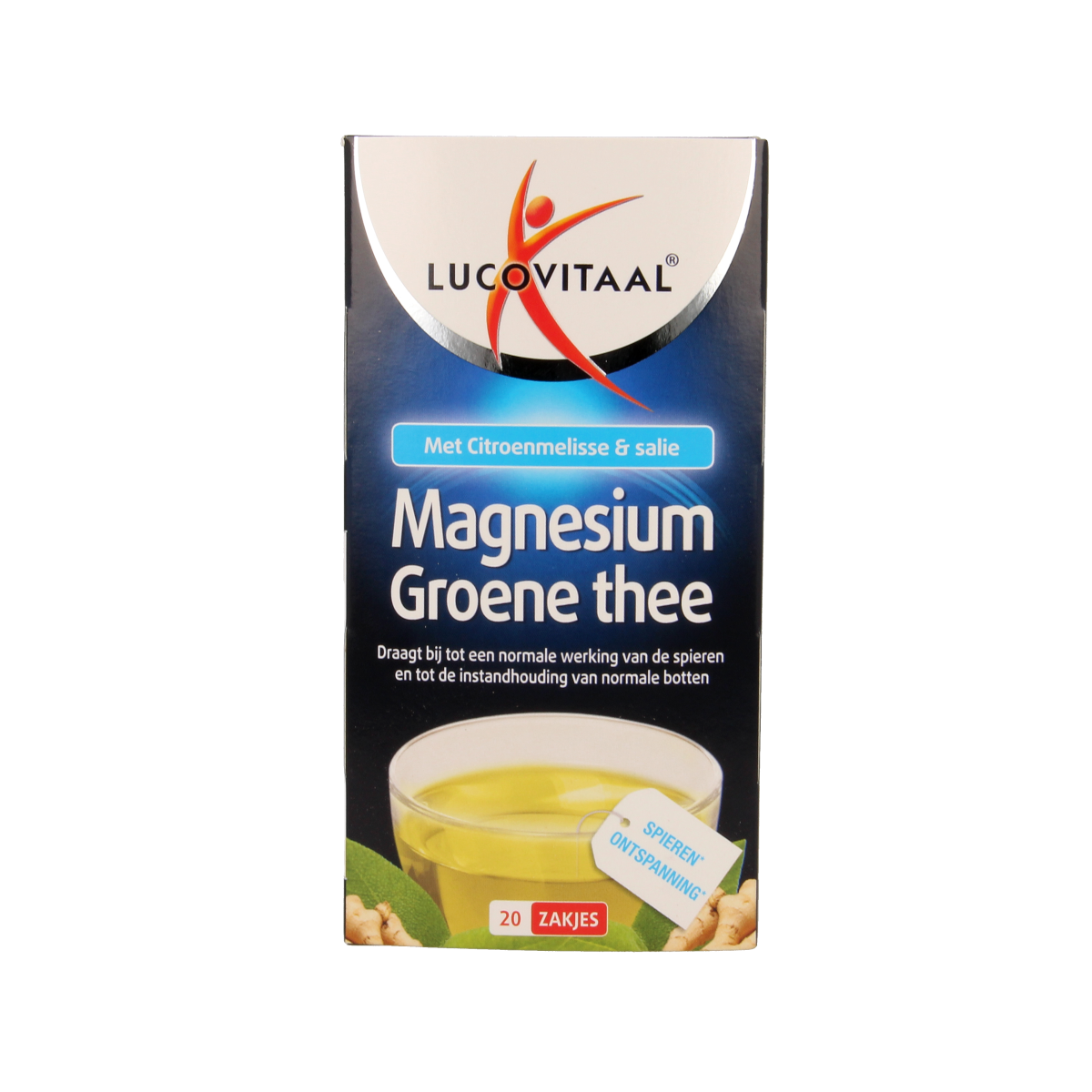Lucovitaal Magnesium groene thee kruidenpreparaten box with 20 tea sachets for relaxation and magnesium benefits.