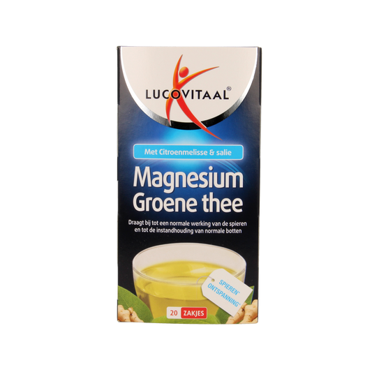 Lucovitaal Magnesium groene thee kruidenpreparaten box with 20 tea sachets for relaxation and magnesium benefits.