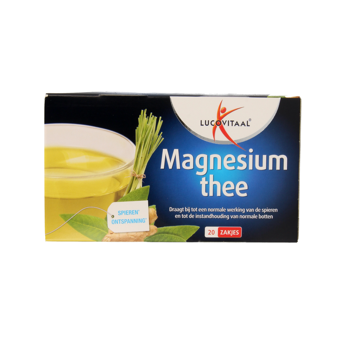 Lucovitaal Magnesium groene thee kruidenpreparaten 20 zakjes, box of green tea with magnesium supplement in individual sachets