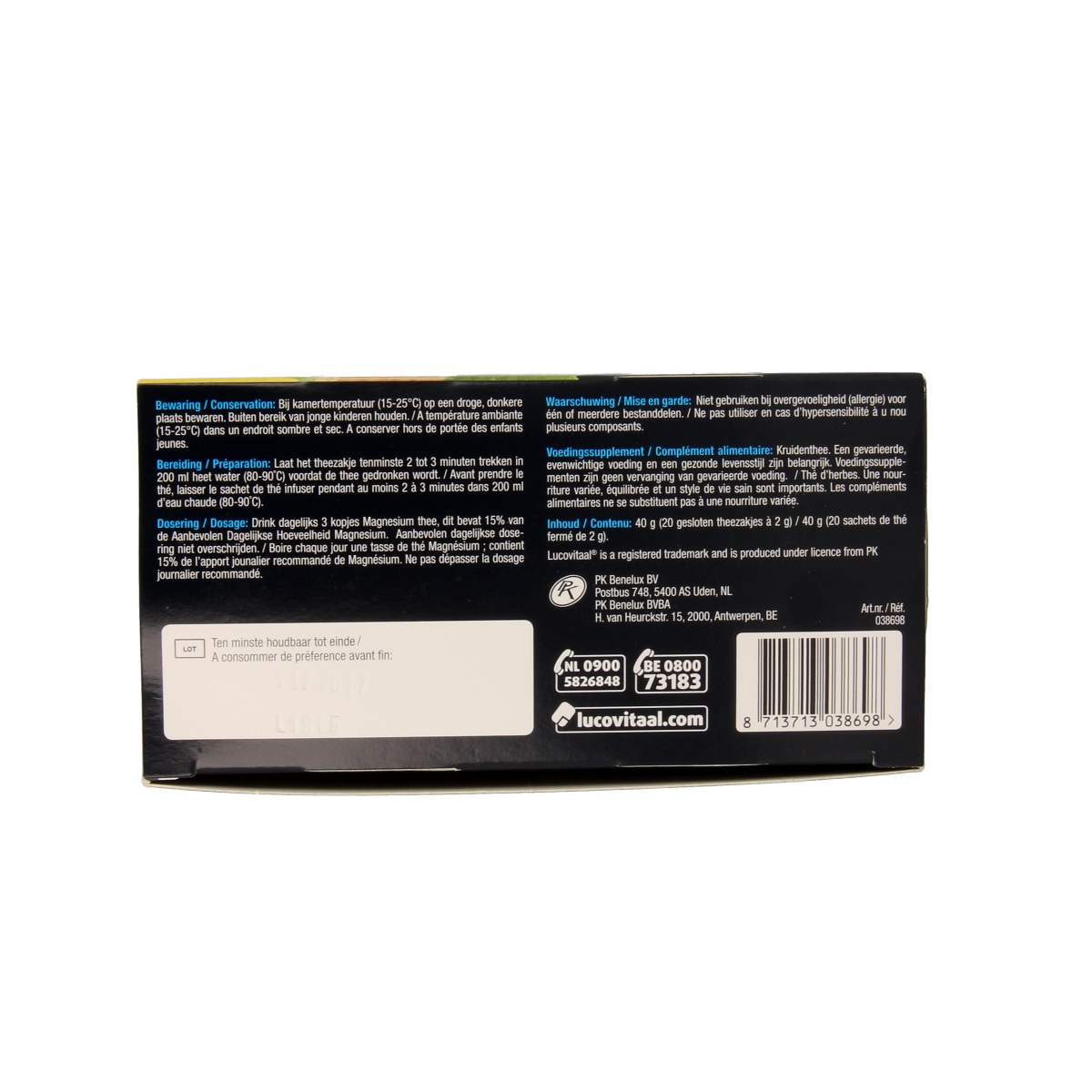 Lucovitaal Magnesium groene thee herbal supplement in a box of 20 tea bags, natural ingredients, and calming flavor.