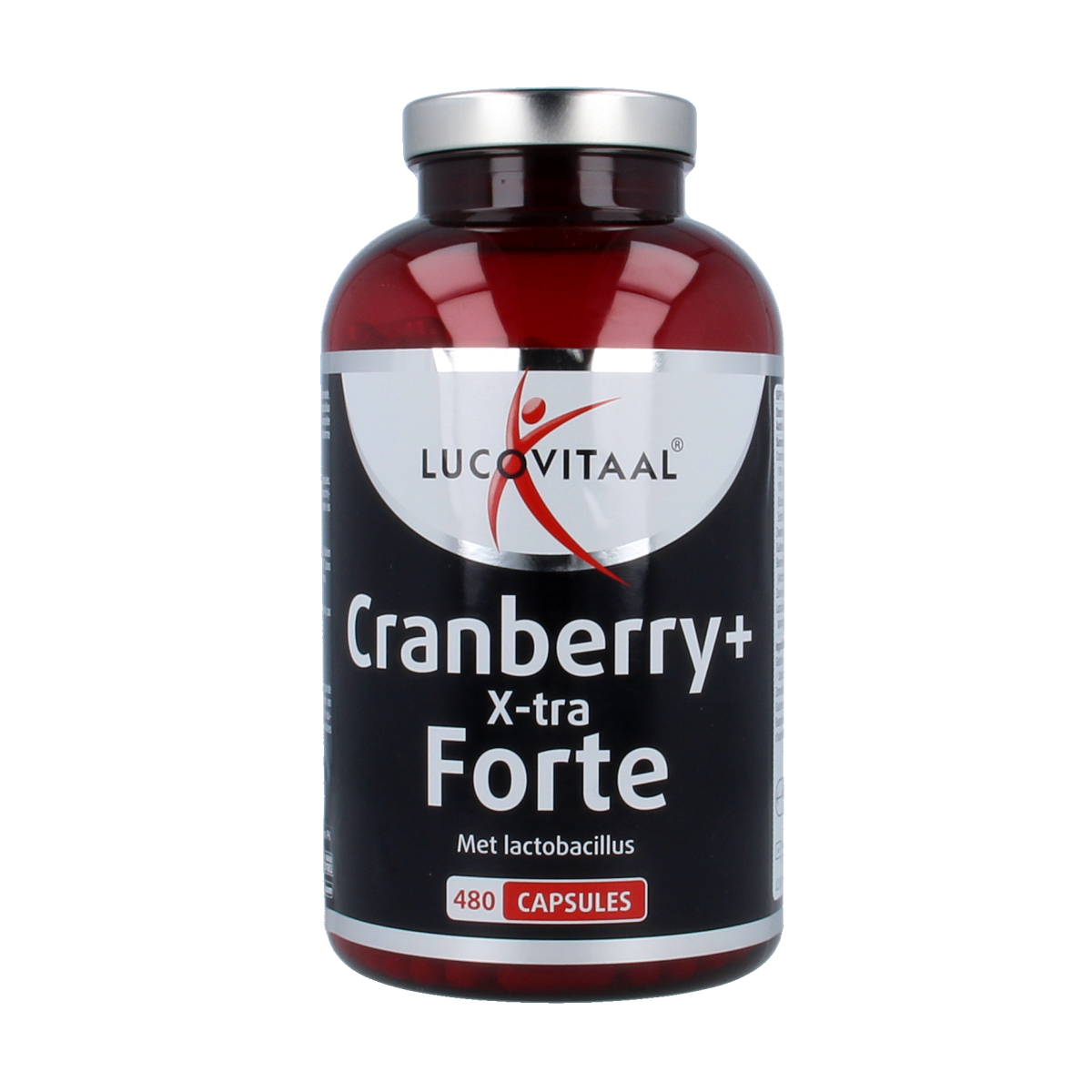 Lucovitaal Cranberry x-tra capsules in a bottle, herbal supplement for urinary health, with label showing cranberry imagery.