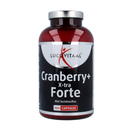 Lucovitaal Cranberry x-tra capsules in a bottle, herbal supplement for urinary health, with label showing cranberry imagery.