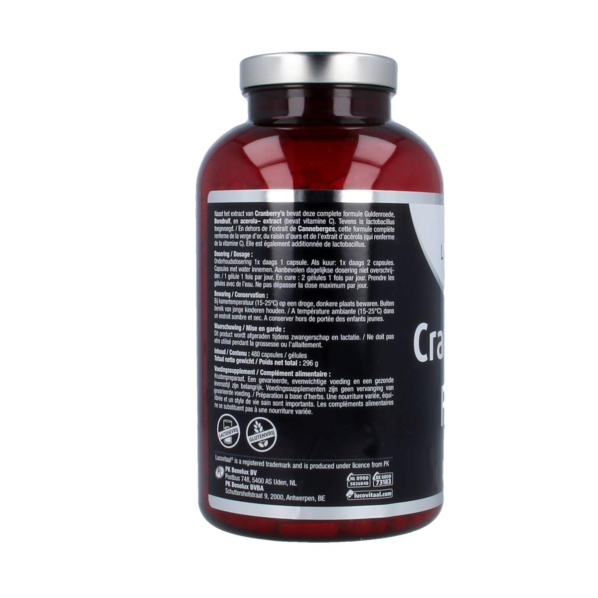 Lucovitaal Cranberry x-tra capsules in a bottle, herbal supplement for urinary health, with label showing cranberry imagery.