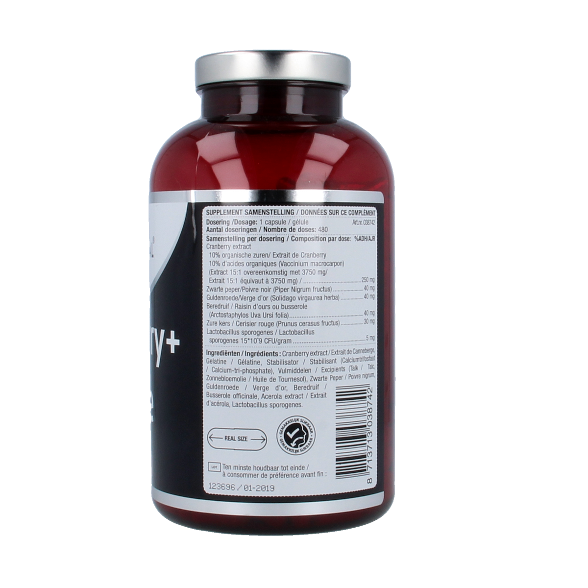 Box of Lucovitaal Cranberry x-tra capsules, herbal supplement in a white package with red accents, designed for cranberry health support.