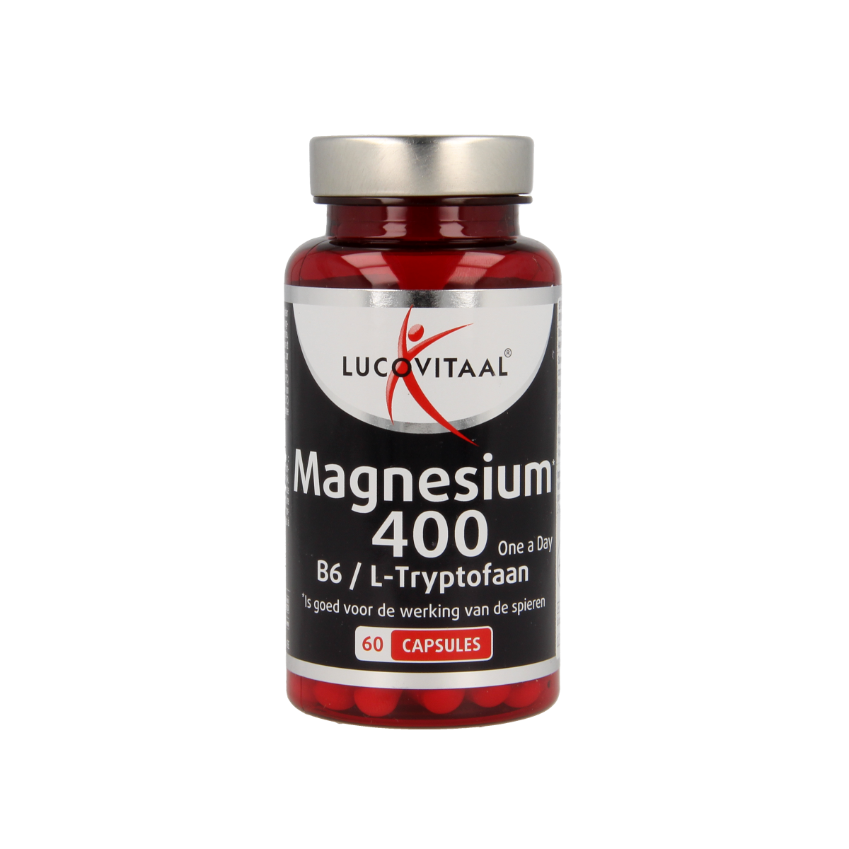 Lucovitaal Magnesium 400 capsules with B6 and L-Tryptophan, dietary mineral supplement for muscle and nerve support.