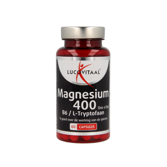 Lucovitaal Magnesium 400 capsules with B6 and L-Tryptophan, dietary mineral supplement for muscle and nerve support.