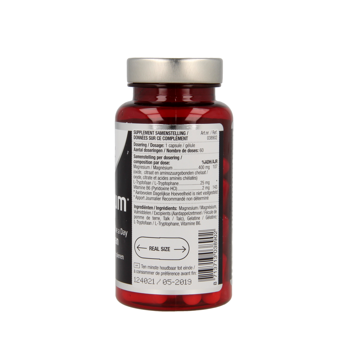 Lucovitaal Magnesium 400 capsules with B6 and L-Tryptophan, dietary mineral supplement in a white bottle.