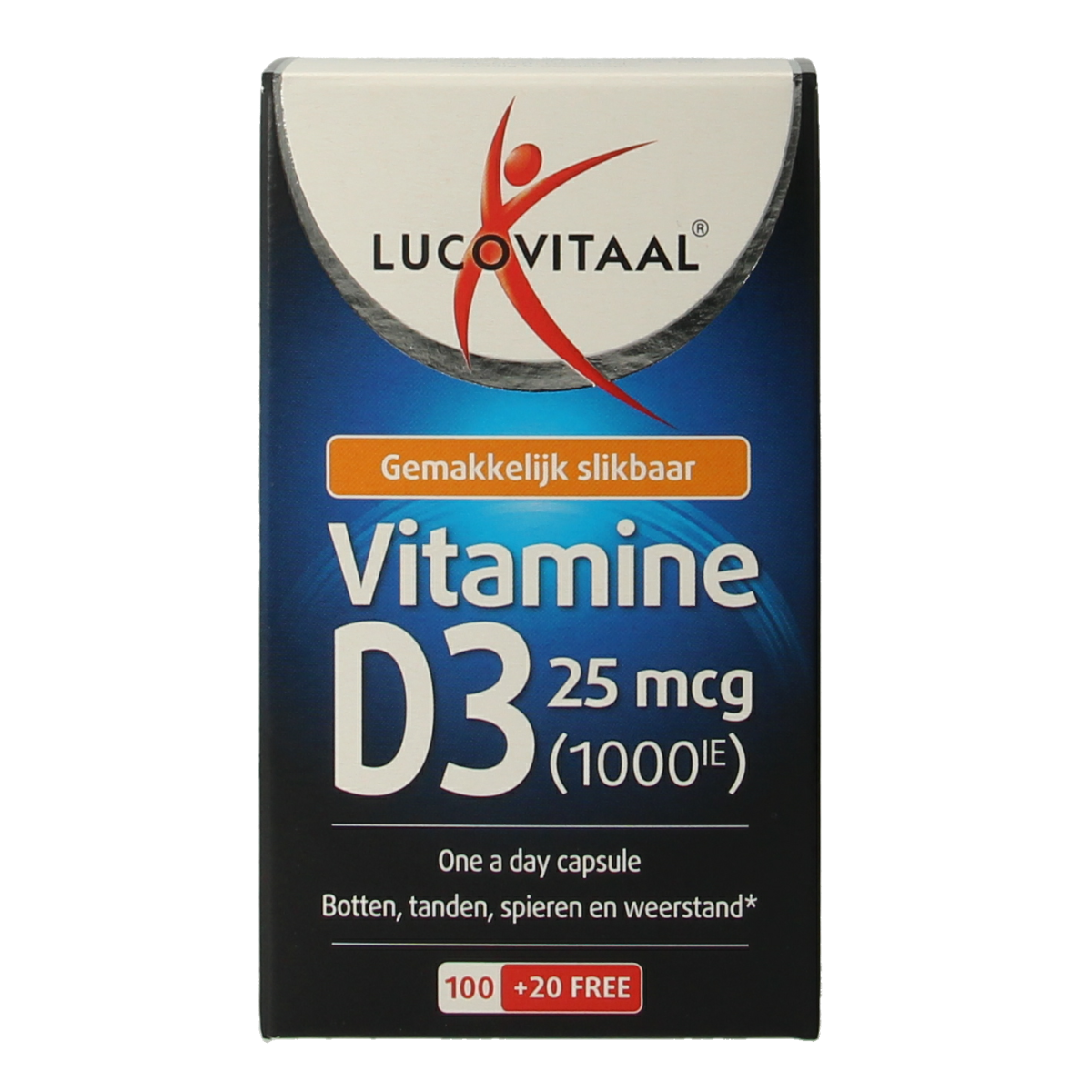 Bottle of Lucovitaal Vitamine D3 25mcg capsules with label visible, promoting healthy bone and immune support.