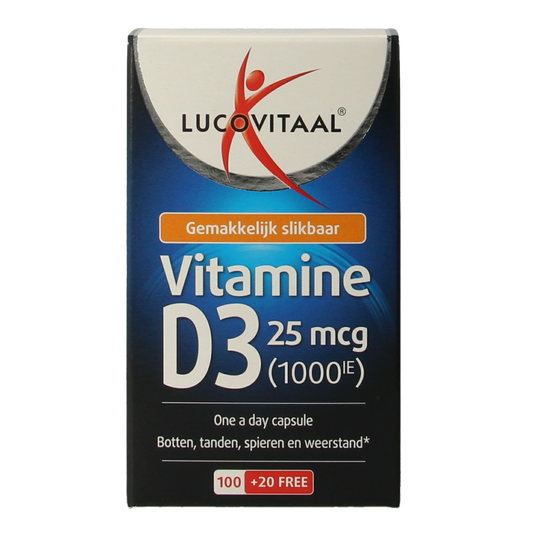 Bottle of Lucovitaal Vitamine D3 25mcg capsules with label visible, promoting healthy bone and immune support.