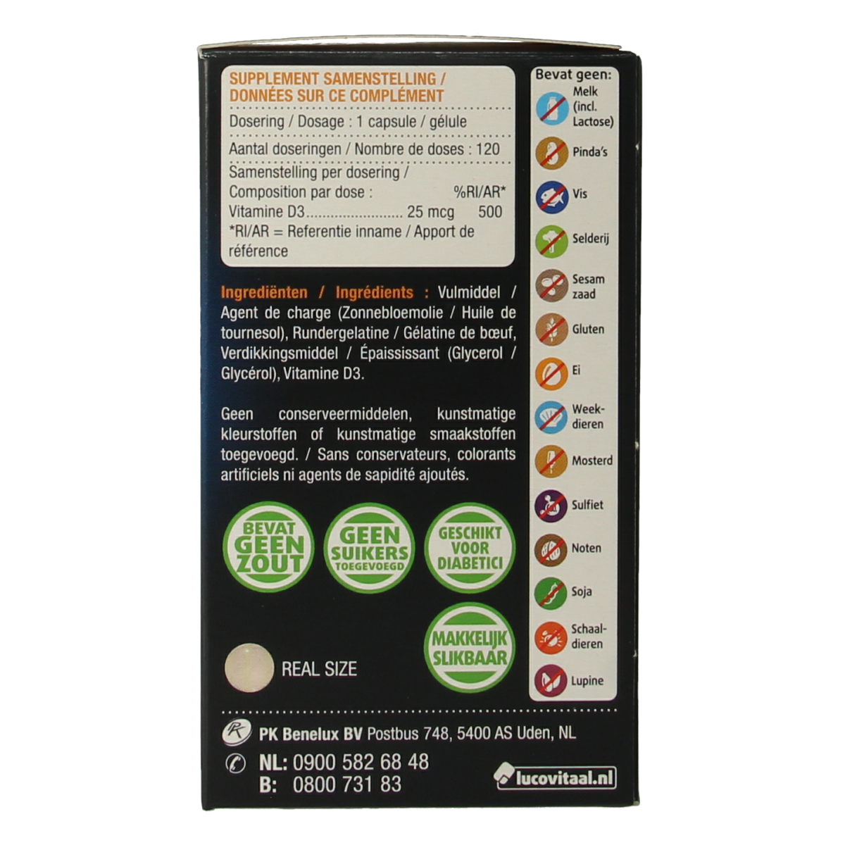 Lucovitaal Vitamine D3 25mcg capsules, natural supplement for bone health, shown in a bottle with capsules inside.