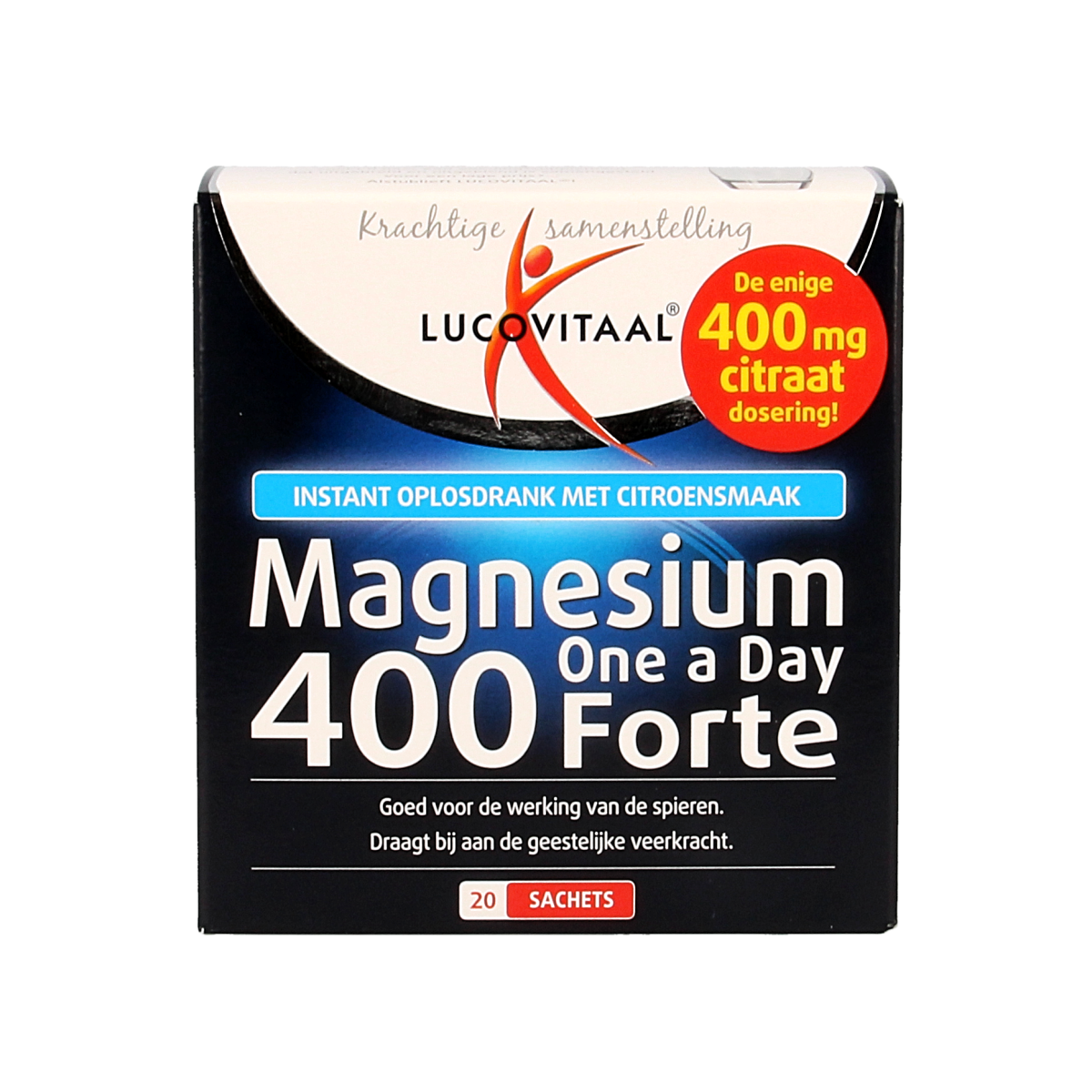 Lucovitaal Magnesium 400 Forte mineral sachets displayed in a box, showing the packaging and sachets for dietary supplement.