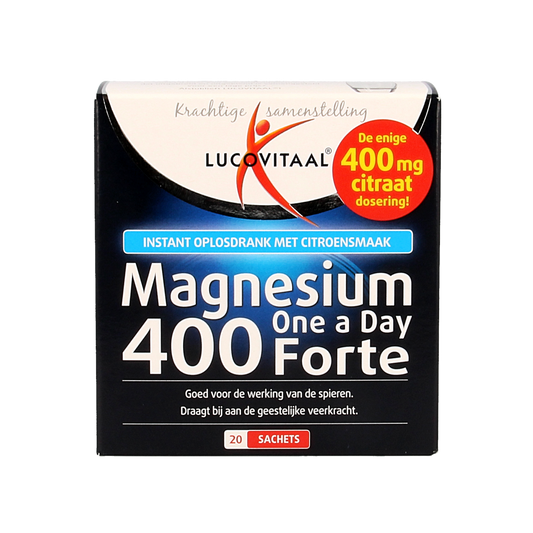 Lucovitaal Magnesium 400 Forte mineral sachets displayed in a box, showing the packaging and sachets for dietary supplement.