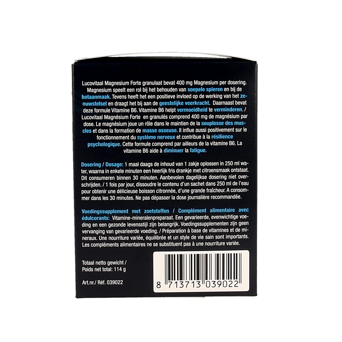 Lucovitaal Magnesium 400 Forte mineral supplement sachets, showing the box and sachets for healthy muscle function.