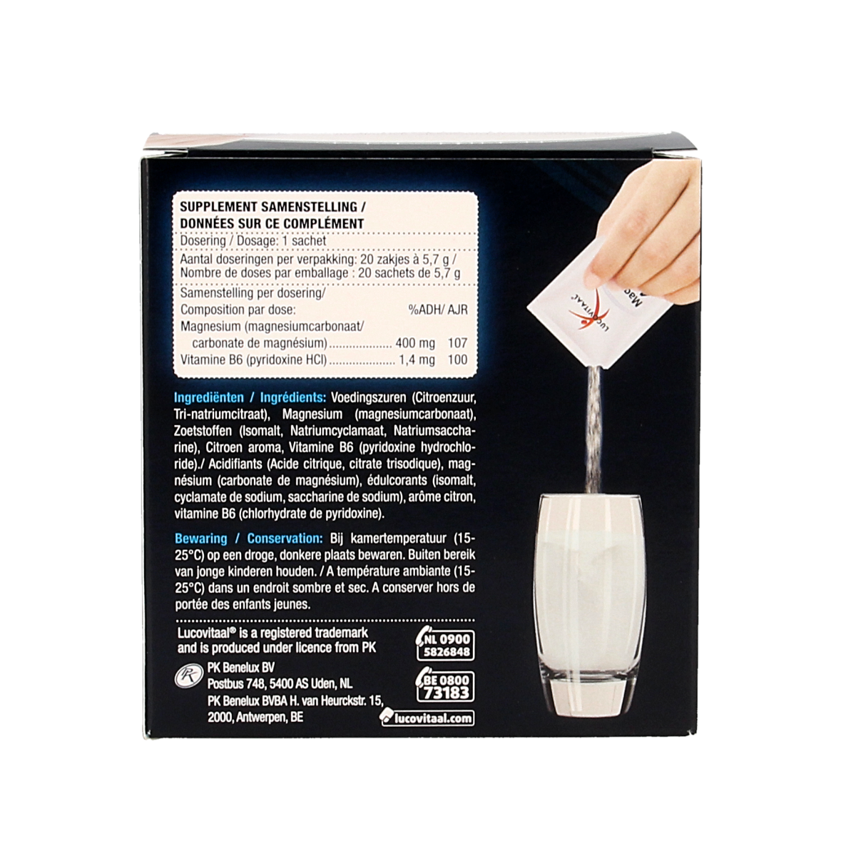 Lucovitaal Magnesium 400 Forte mineral supplement sachets, showing 20 individual sachets for magnesium intake.