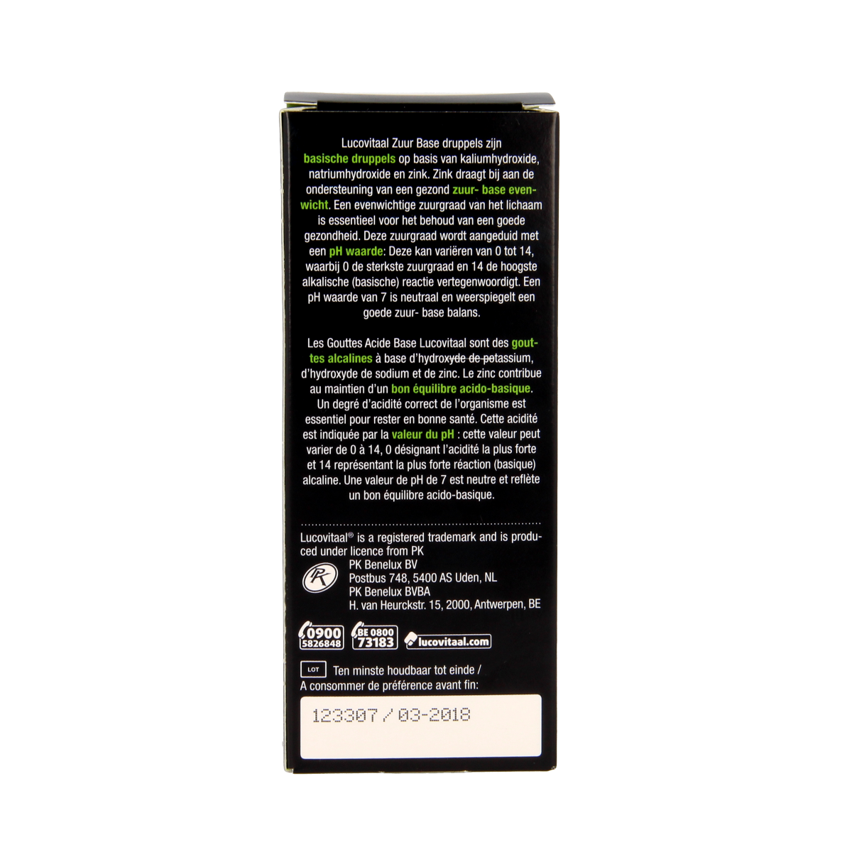 Lucovitaal Zuurbase mineralen multivitamine druppels in 30ml bottle, featuring colorful liquid with dropper for daily supplement use.