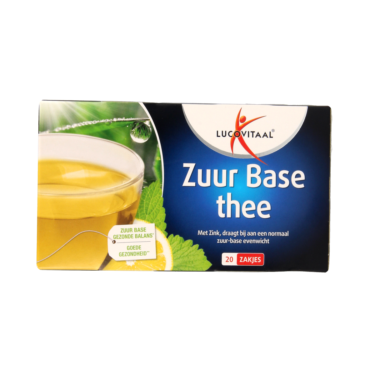 Lucovitaal Zuurbase thee in een zakje, een kruidenpreparaat met 20 stuks, zichtbaar in de afbeelding.