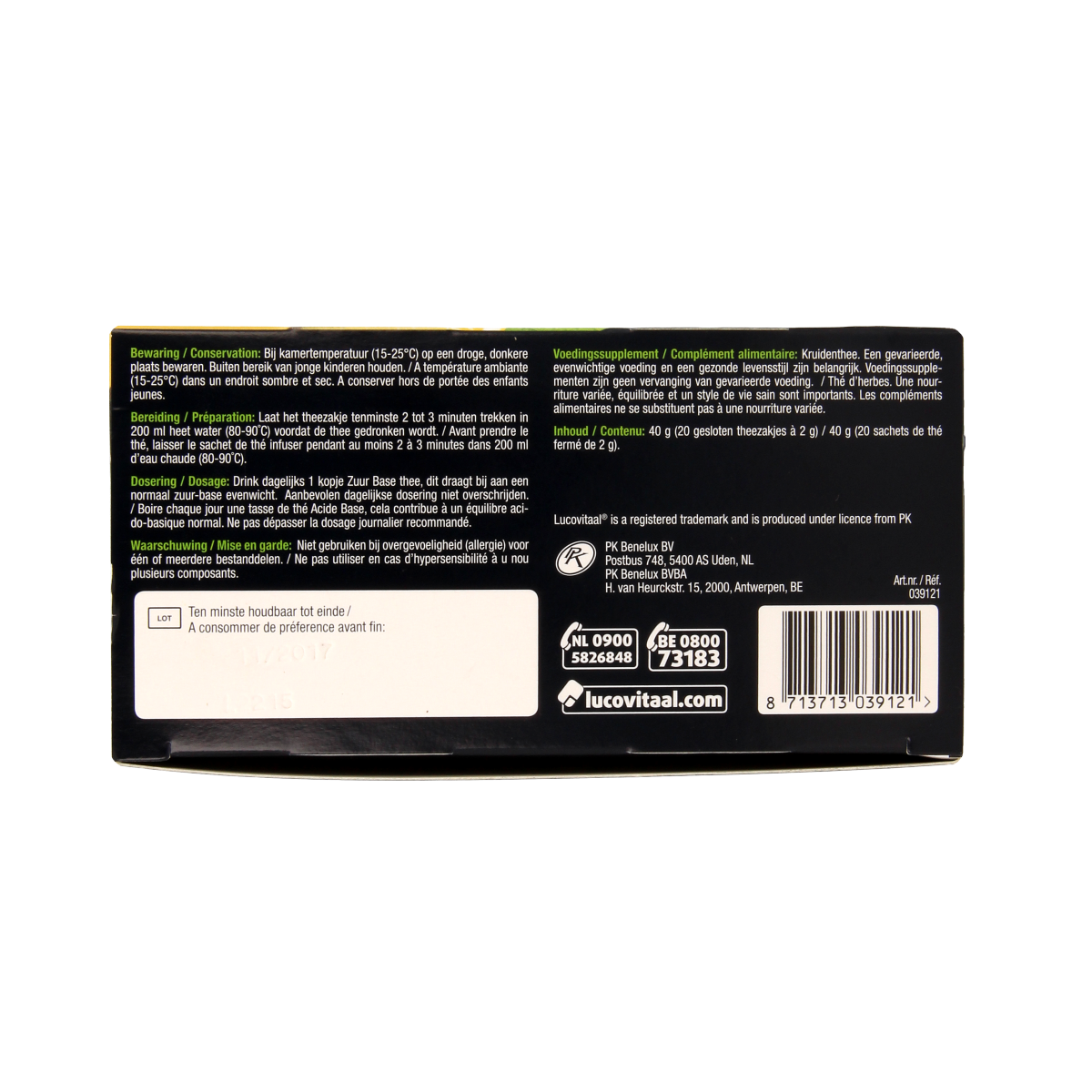 Lucovitaal Zuurbase herbal tea in a box with 20 tea bags, natural herbal preparation for wellness.