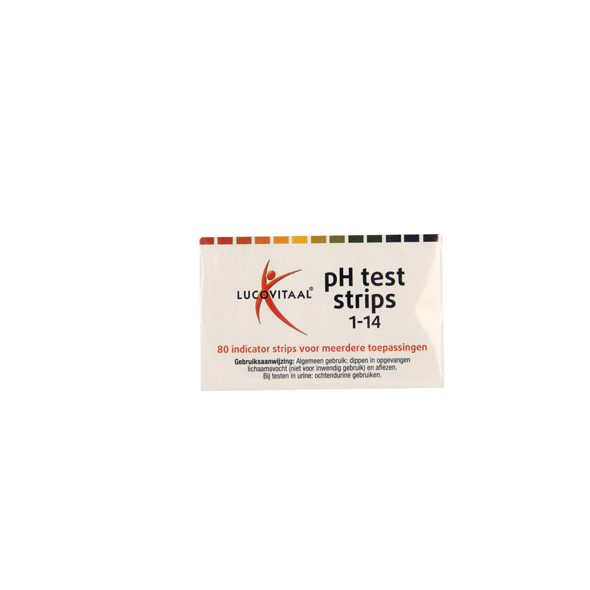 Lucovitaal Zuurbase pH test strips for measuring acidity and alkalinity, shown in a close-up image of 80 test strips.