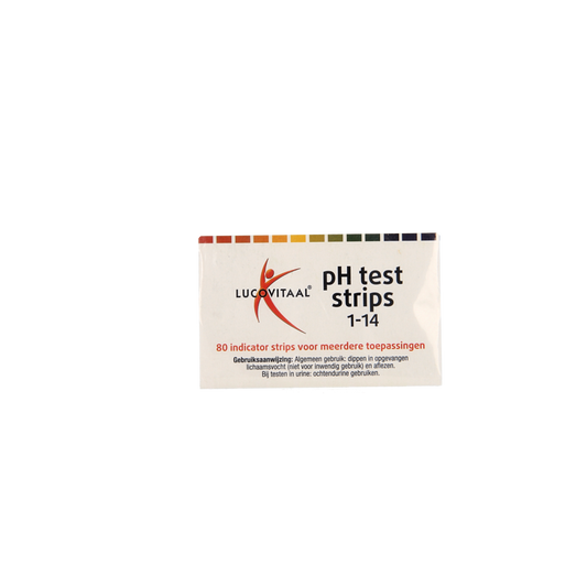 Lucovitaal Zuurbase pH test strips for measuring acidity and alkalinity, shown in a close-up image of 80 test strips.