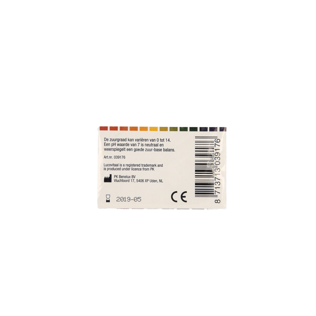 Lucovitaal Zuurbase pH test strips, 80-pack, showing color-coded pH level indicators for accurate testing.