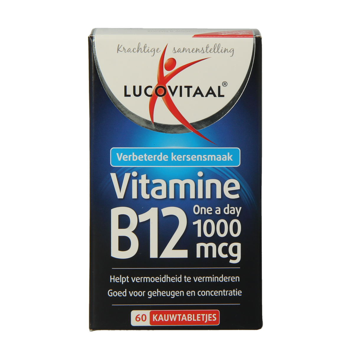 Lucovitaal Vitamine B12 1000mcg chewable tablets, dietary supplement with 60 tablets, natural vitamin B12 source.