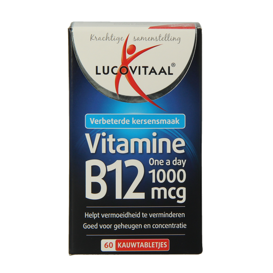 Lucovitaal Vitamine B12 1000mcg chewable tablets, dietary supplement with 60 tablets, natural vitamin B12 source.