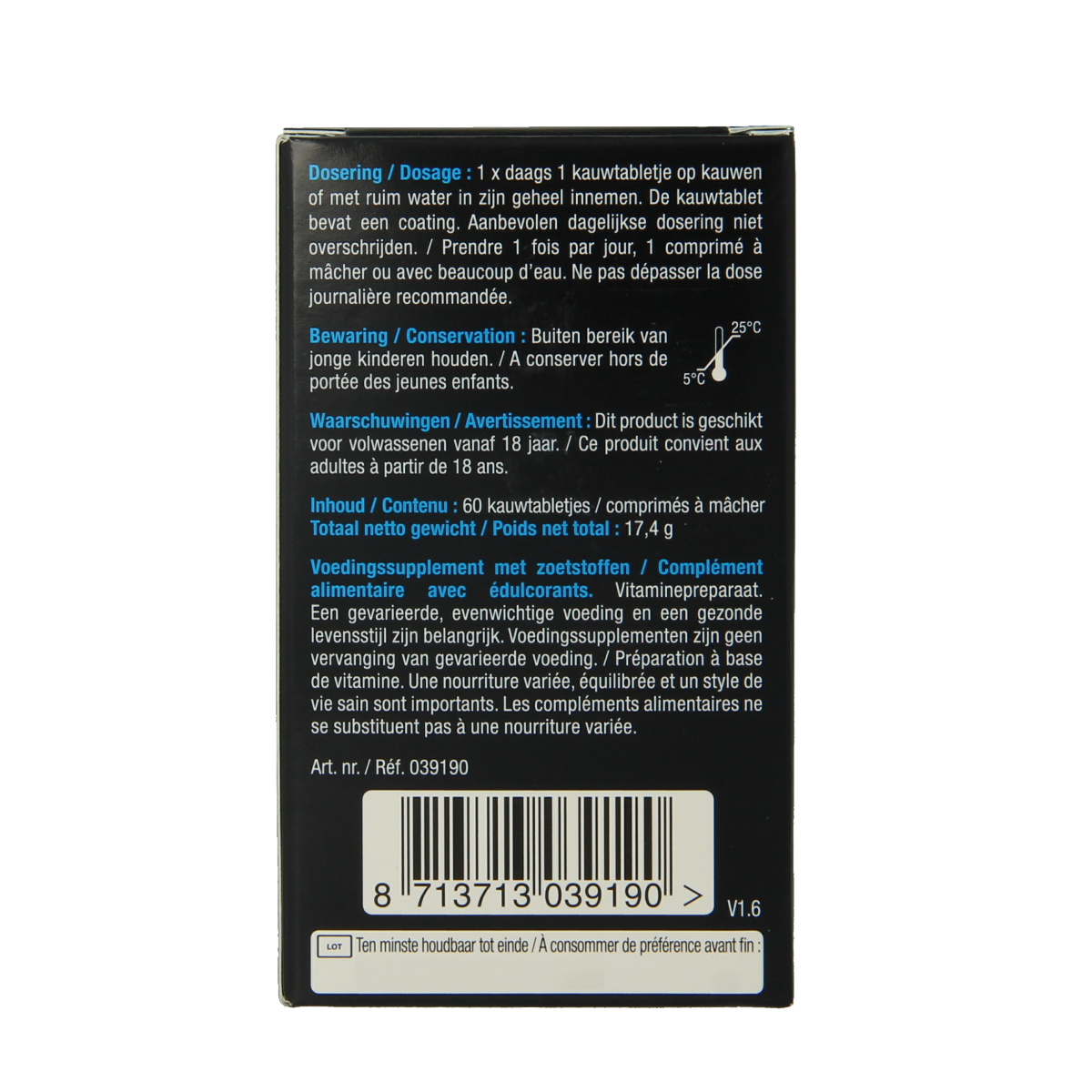 Lucovitaal Vitamine B12 1000mcg chewable tablets, close-up of the supplement bottle and tablets on a white background.