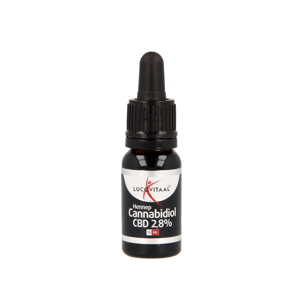 Lucovitaal CBD 2.8% kruidenpreparaat in 10ml bottle, featuring a dropper cap and herbal ingredients for wellness use.