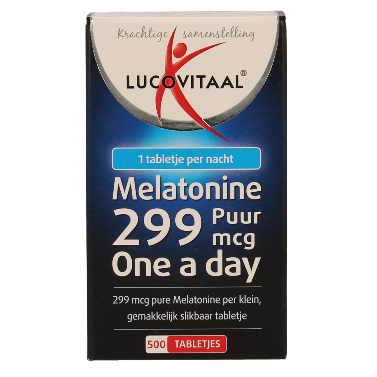 Lucovitaal Melatonine puur 0.299mg herbal supplement in a bottle of 500 tablets, designed to support sleep and relaxation