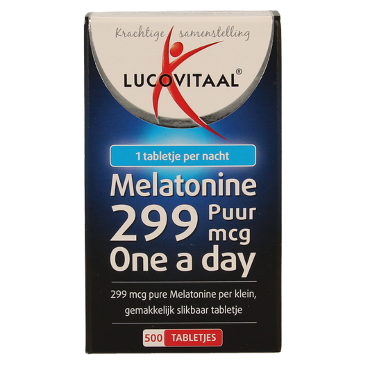 Lucovitaal Melatonine puur 0.299mg herbal supplement in a bottle of 500 tablets, designed to support sleep and relaxation