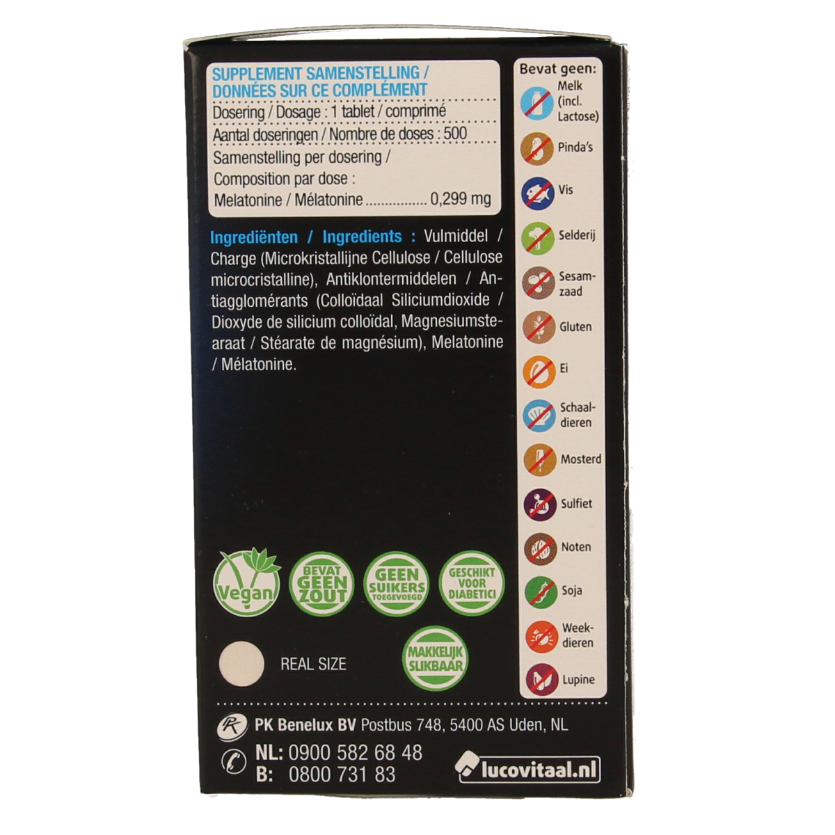 Lucovitaal Melatonine puur 0.299mg herbal supplement in a bottle of 500 tablets, used for sleep support and relaxation.