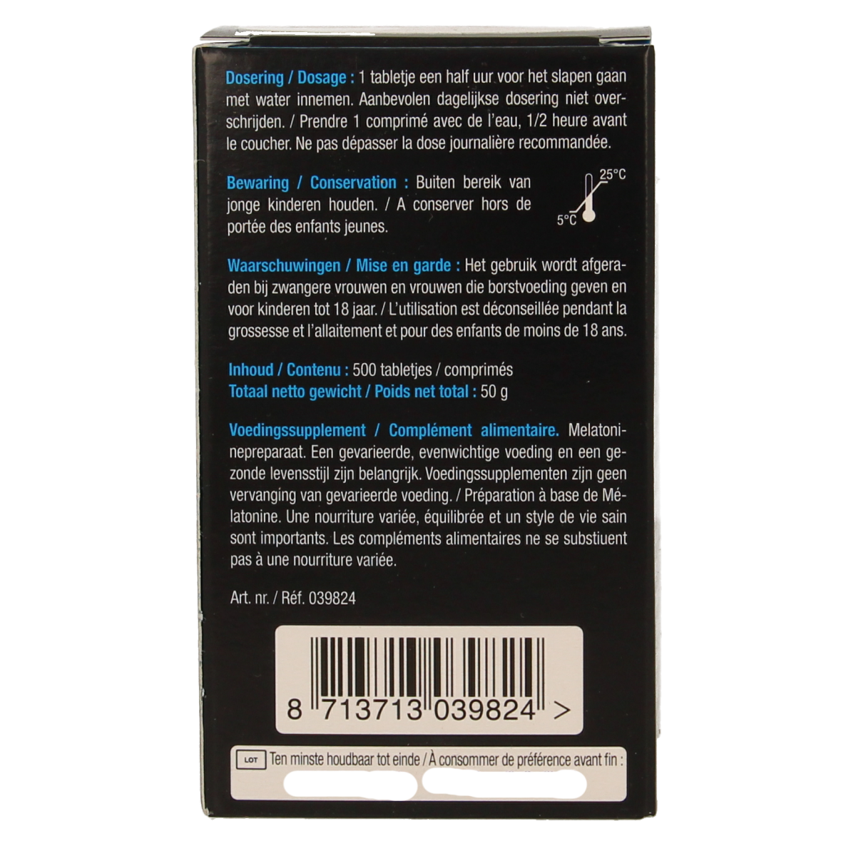 Lucovitaal Melatonine puur 0.299mg herbal supplement 500 tablets, showing the bottle and label with product details.