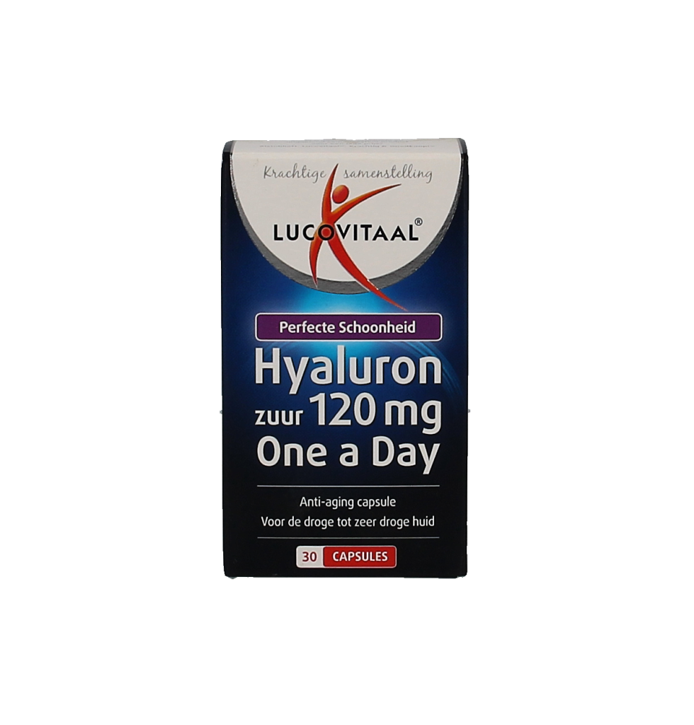 Bottle of Lucovitaal Hyaluronzuur capsules for dry skin, herbal supplement in a white container with a label showing capsules.