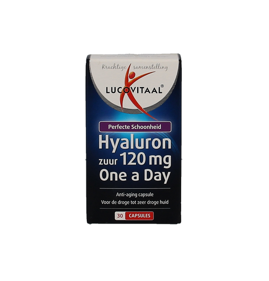 Bottle of Lucovitaal Hyaluronzuur capsules for dry skin, herbal supplement in a white container with a label showing capsules.