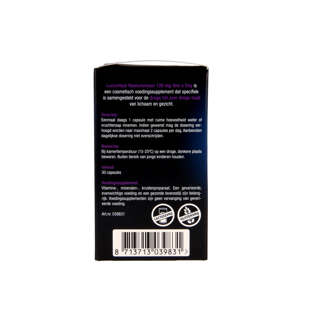 Lucovitaal Hyaluronzuur capsules for dry skin, herbal supplement in a white bottle with 30 capsules.