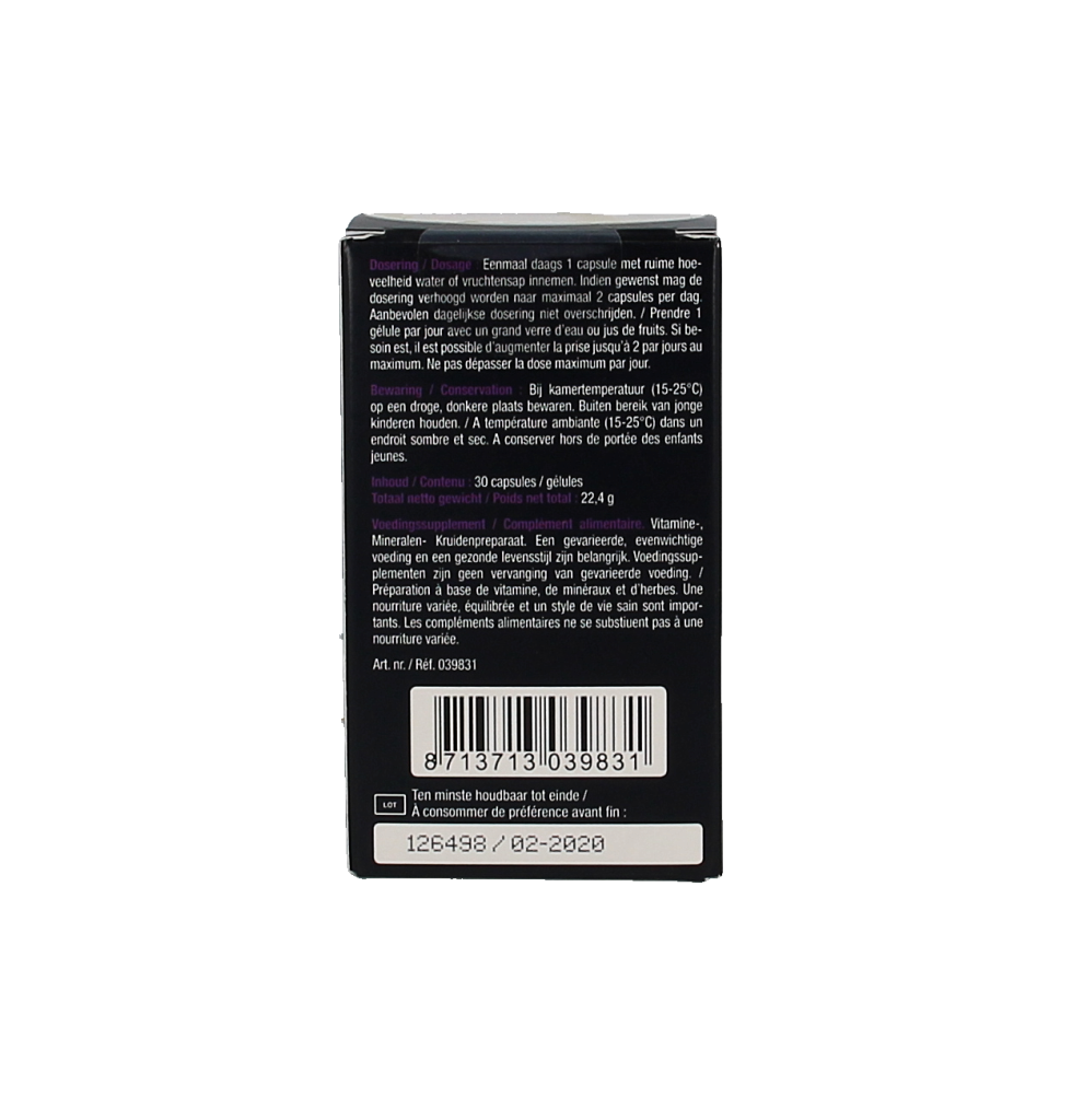 Lucovitaal Hyaluronzuur capsules for dry skin, herbal supplement, 30 capsules in a clear bottle with label showing product details.