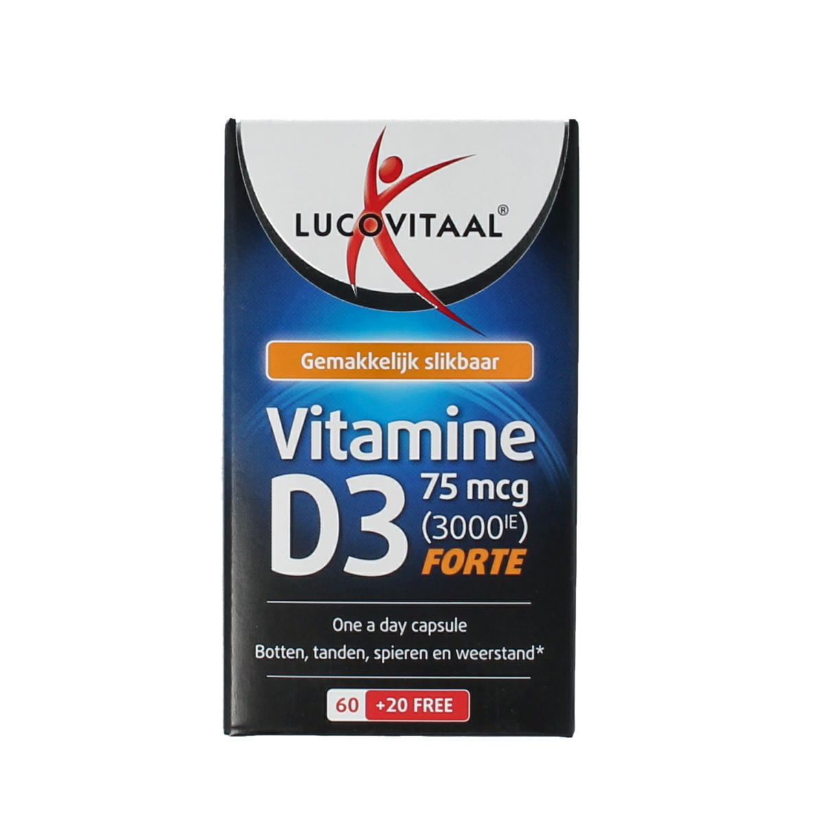 Lucovitaal Vitamin D3 75mcg capsules, 80-count, dietary supplement for bone health and immune support.