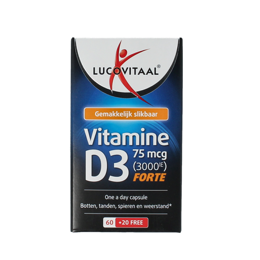 Lucovitaal Vitamin D3 75mcg capsules, 80-count, dietary supplement for bone health and immune support.