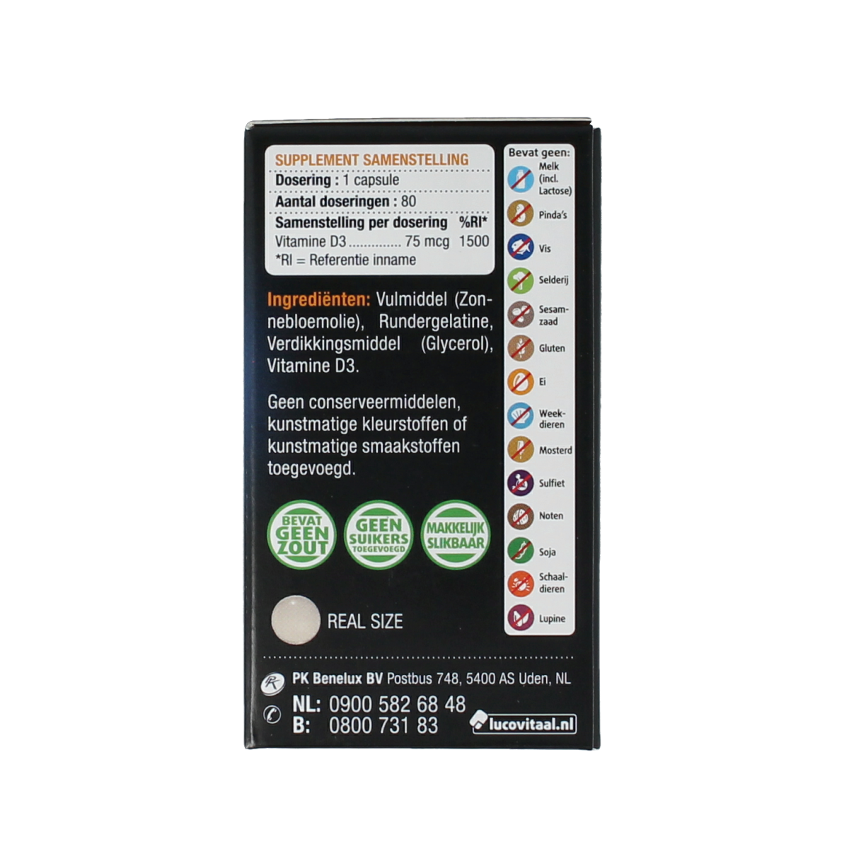 Box of Lucovitaal Vitamin D3 75mcg capsules with 80 capsules in a natural light setting, showcasing the supplement packaging.