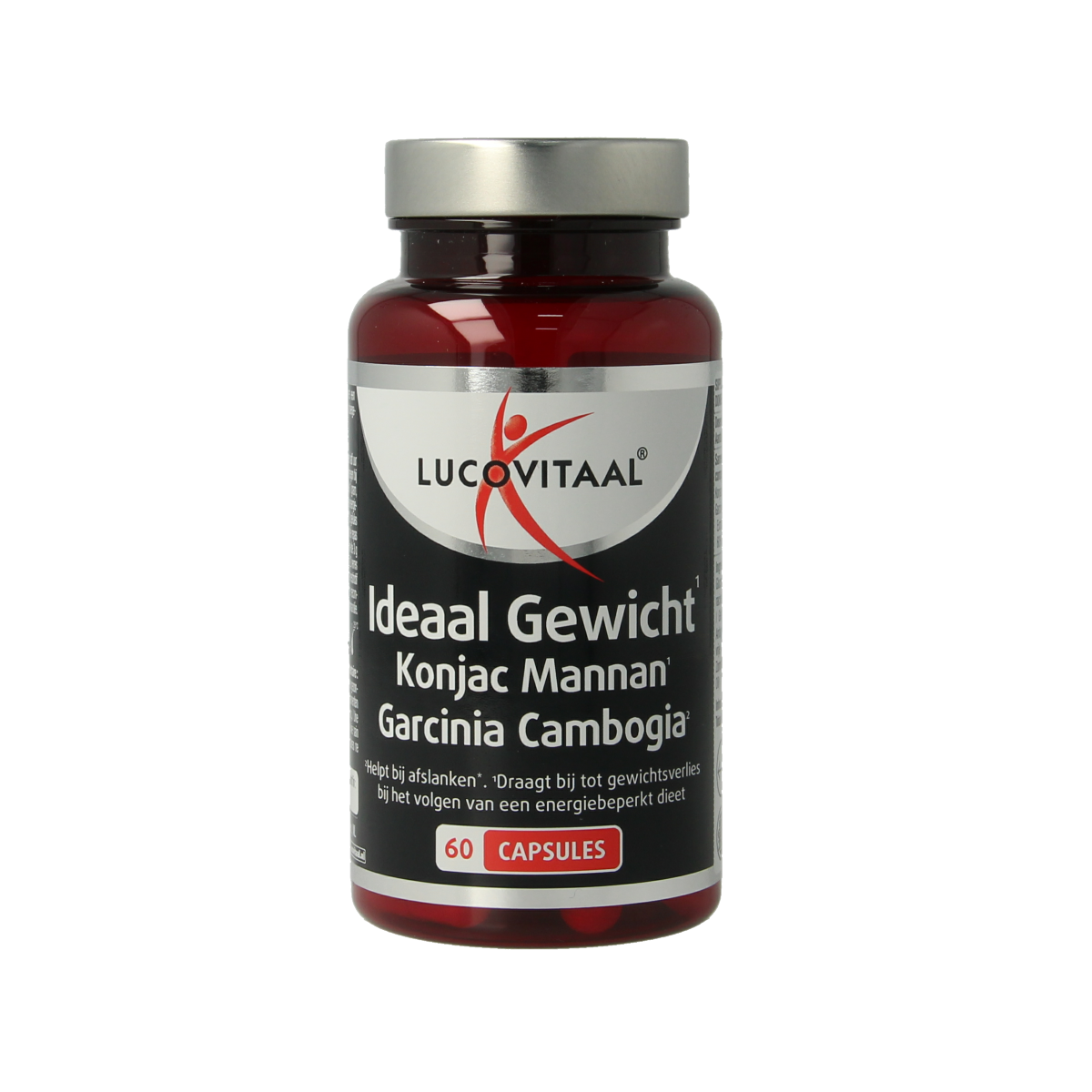 Lucovitaal Ideaal Gewicht capsules with konjac mannan and garcinia cambogia, herbal supplement in a bottle.