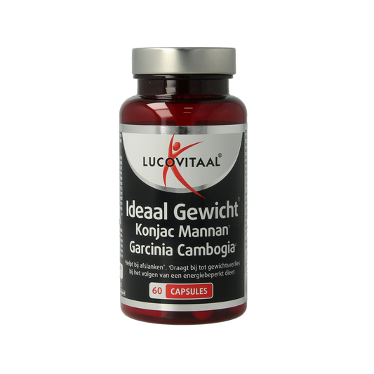 Lucovitaal Ideaal Gewicht capsules with konjac mannan and garcinia cambogia, herbal supplement in a bottle.